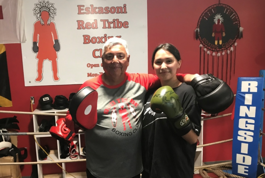 A'Leah Young of Eskasoni First Nation, N.S., is seen with Barry Bernard, the head coach at Red Tribe Boxing Club. (Ryan MacDonald/CTV Atlantic)